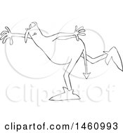 Clipart Of A Black And White Chubby Devil Balancing On One Foot Royalty Free Vector Illustration
