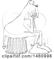 Clipart Of A Black And White Chubby Devil Sitting And Worrying Royalty Free Vector Illustration
