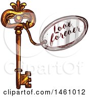 Clipart Of A Sketched Vintage Skeleton Key With A Love Forever Tag Royalty Free Vector Illustration
