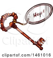 Clipart Of A Sketched Vintage Skeleton Key With A Hope Tag Royalty Free Vector Illustration