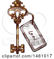 Clipart Of A Sketched Vintage Skeleton Key With A Love Tag Royalty Free Vector Illustration