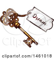 Clipart Of A Sketched Vintage Skeleton Key With A Dream Tag Royalty Free Vector Illustration