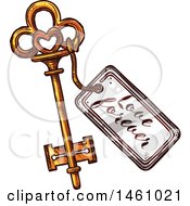 Clipart Of A Sketched Vintage Skeleton Key With A Love Forever Tag Royalty Free Vector Illustration