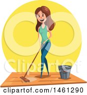 Poster, Art Print Of Cleaning Design With Text Space And A Woman Mopping