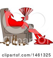 Poster, Art Print Of Cartoon Hot Chubby Red Devil Sitting In A Chair With A Fan And Bottles On The Floor