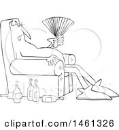 Cartoon Black And White Hot Chubby Devil Sitting In A Chair With A Fan And Bottles On The Floor