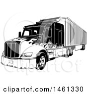 Poster, Art Print Of Black And White Big Rig Truck With A Flame Paint Job