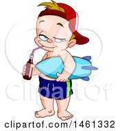 Clipart Of A Cartoon Summer Boy Carrying A Surfboard And Drinking A Soda Royalty Free Vector Illustration