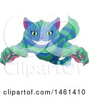 Clipart Of A Grinning Striped Blue And Green Cheshire Cat Leaping Forward Royalty Free Vector Illustration