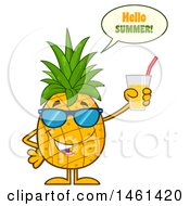 Male Pineapple Mascot Character Wearing Sunglasses Saying Hello Summer And Holding Juice