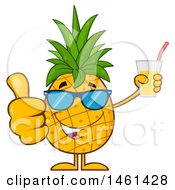 Male Pineapple Mascot Character Wearing Sunglasses Giving A Thumb Up And Holding Juice