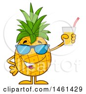 Male Pineapple Mascot Character Wearing Sunglasses And Holding Juice