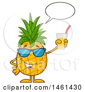 Male Pineapple Mascot Character Wearing Sunglasses Talking And Holding Juice