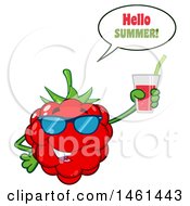 Poster, Art Print Of Raspberry Mascot Character Wearing Sunglasses Saying Hello Summer And Holding A Glass Of Juice