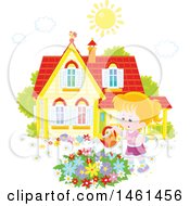 Poster, Art Print Of Happy Caucasian Girl Watering A Flower Garden On A Summer Day