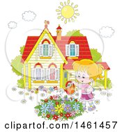 Clipart Of A Happy White Girl Watering A Flower Garden On A Summer Day Royalty Free Vector Illustration