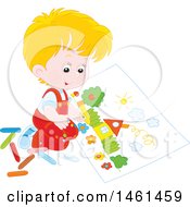 Poster, Art Print Of Blond White Boy Coloring A Page Of A House
