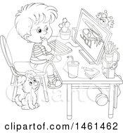 Clipart Of A Black And White Boy Using A Desktop Computer Royalty Free Vector Illustration by Alex Bannykh