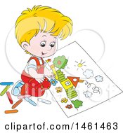 Poster, Art Print Of Cartoon Happy Blond Caucasian Boy Coloring A Page Of A House