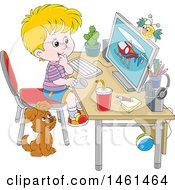 Cartoon Happy Blond Caucasian Boy Using A Desktop Computer
