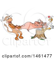 Clipart Of A Cartoon Cow And Chicken Pulling A Pig Pulled Pork Royalty Free Vector Illustration