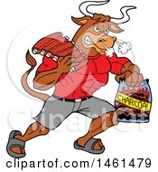 Poster, Art Print Of Cartoon Muscular Bull Carrying Bbq Ribs And Charcoal