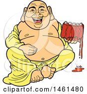 Poster, Art Print Of Cartoon Laughing Buddha Sitting And Holding Saucy Ribs