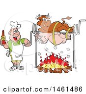 Clipart Of A Cartoon White Male Chef Holding Bbq Sauce And Cooking A Sweating Cow And Pig On A Spit Royalty Free Vector Illustration