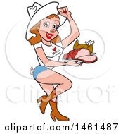 Poster, Art Print Of Cartoon Sexy Pig Cowirl With Brisket And Roasted Chicken On A Tray