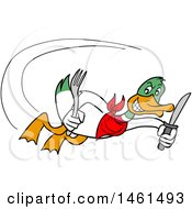 Poster, Art Print Of Cartoon Mallard Duck Flying With A Knife And Fork