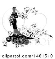 Clipart Of A Silhouetted Black And White Bride With Swirls Royalty Free Vector Illustration