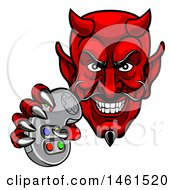 Poster, Art Print Of Grinning Evil Red Devil Holding A Video Game Controller