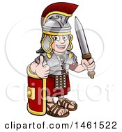 Clipart Of A Cartoon Happy Roman Soldier Giving A Thumb Up Holding A Sword And Leaning On A Shield Royalty Free Vector Illustration by AtStockIllustration