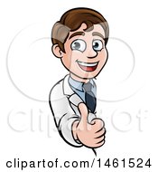 Clipart Of A Cartoon Young Male Scientist Giving A Thumb Up Around A Sign Royalty Free Vector Illustration