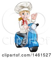 Poster, Art Print Of Cartoon Happy White Female Chef Gesturing Ok And Riding A Scooter