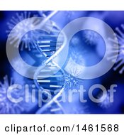 Clipart Of A Background Of A 3d Dna Strand On Blue With Viruses Royalty Free Illustration