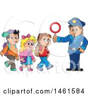 Clipart Of A Police Officer Holding A Sign While Children Walk On A Crosswalk Royalty Free Vector Illustration