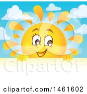 Clipart Of A Summer Time Sun Character Over A Sign Royalty Free Vector Illustration