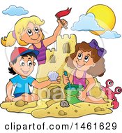 Clipart Of A Group Of Kids Building A Sand Castle Royalty Free Vector Illustration by visekart