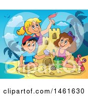 Clipart Of A Group Of Kids Building A Sand Castle On A Beach Royalty Free Vector Illustration by visekart