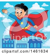 Clipart Of A Flying Super Hero Boy Over A Town Royalty Free Vector Illustration