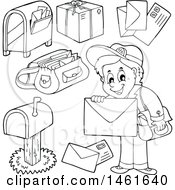Clipart Of A Black And White Mailman And Accessories Royalty Free Vector Illustration by visekart