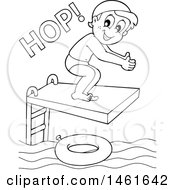 Clipart Of A Black And White Boy Hopping On A Diving Board Royalty Free Vector Illustration
