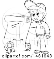 Clipart Of A Black And White Boy Holding A First Place Certificate Royalty Free Vector Illustration
