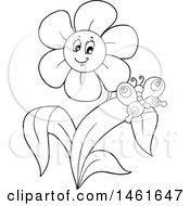 Clipart Of A Black And White Happy Flower And Butterfly Royalty Free Vector Illustration
