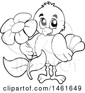 Clipart Of A Black And White Sweet Bird Holding Out A Flower Royalty Free Vector Illustration