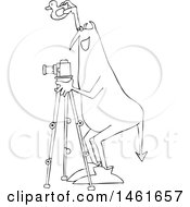 Clipart Of A Chubby Devil Photographer Holding A Rubber Duck And Using A Camera On A Tripod Black And White Royalty Free Vector Illustration by djart