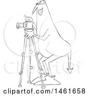 Clipart Of A Chubby Devil Photographer Using A Camera On A Tripod Black And White Royalty Free Vector Illustration