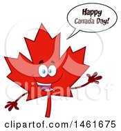 Talking And Waving Red Maple Leaf Mascot Character Saying Happy Canada Day