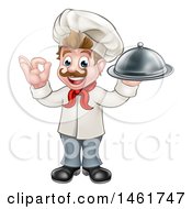 Clipart Of A Cartoon Full Length Happy Young White Male Chef Holding A Cloche Platter And Gesturing Perfect Royalty Free Vector Illustration